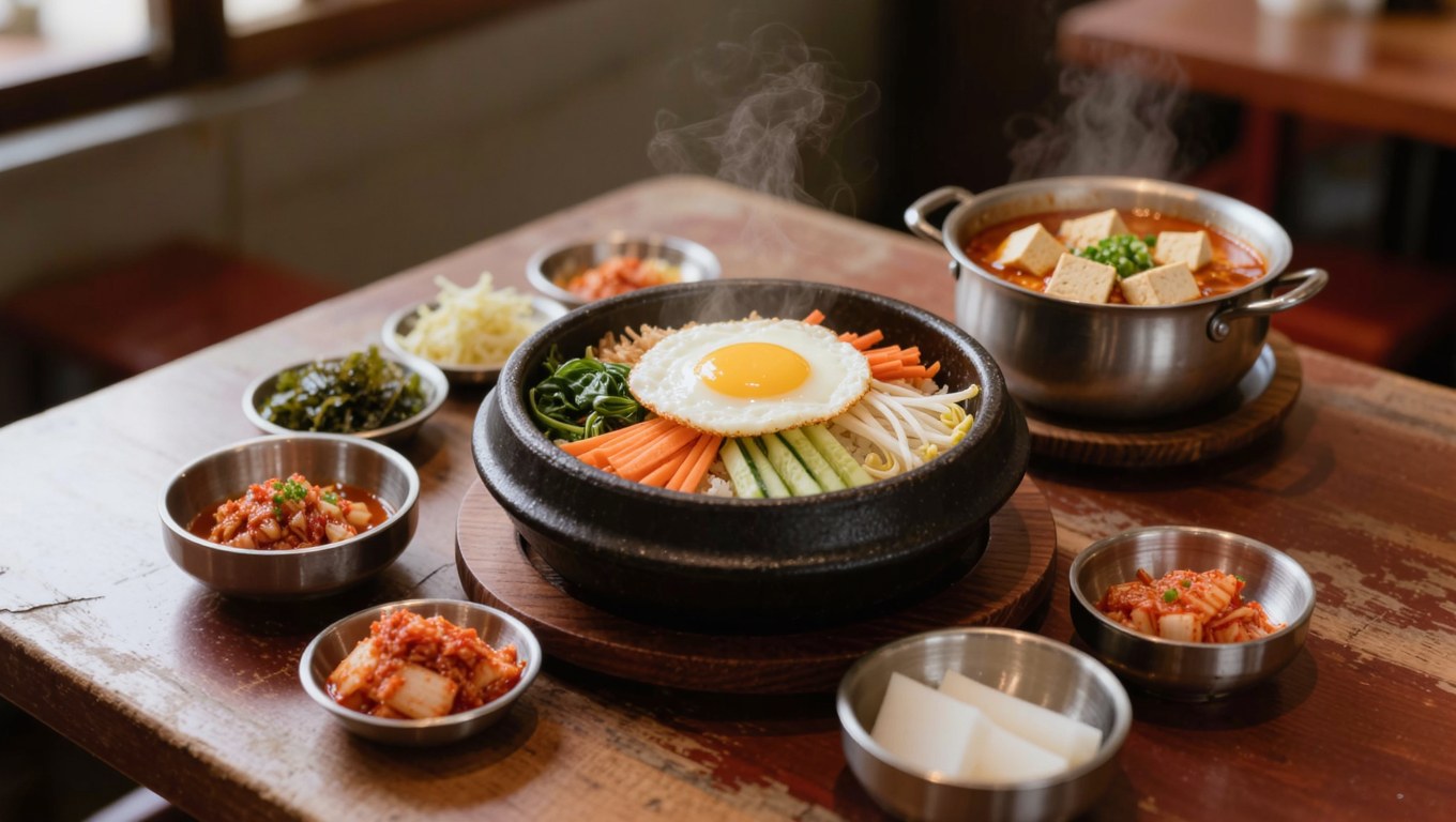 낡은 식탁에 놓인 비빔밥과 된장찌개, 계란후라이가 함께 차려진 점심 한 상
